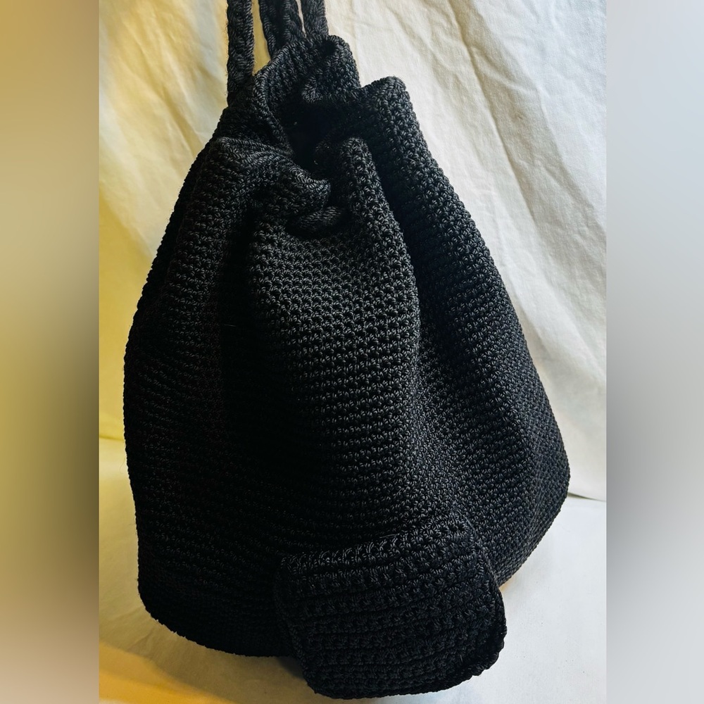 The Sak Black Woven CROCHET Lined Backpack Style Boho Purse Handbag